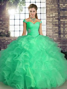 Turquoise Off The Shoulder Neckline Beading and Ruffles Quinceanera Dress Sleeveless Lace Up