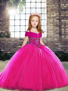 New Style Fuchsia Lace Up Little Girls Pageant Dress Beading Sleeveless Brush Train
