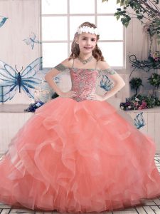 Super Watermelon Red Straps Lace Up Beading and Ruffles Little Girls Pageant Gowns Sleeveless