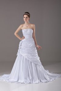 On Sale White Wedding Dresses Strapless Sleeveless Brush Train Lace Up