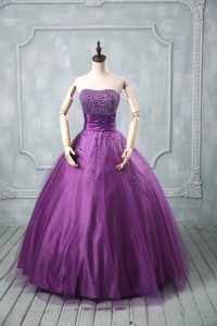 Top Selling Eggplant Purple and Purple Ball Gowns Strapless Sleeveless Tulle Floor Length Lace Up Beading Sweet 16 Dress