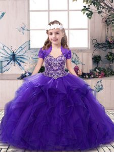 Purple Ball Gowns Straps Sleeveless Tulle Floor Length Lace Up Beading Pageant Dress for Womens