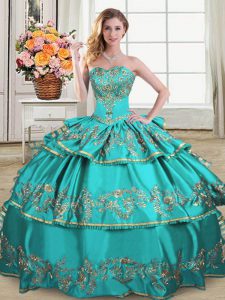 Satin and Organza Sweetheart Sleeveless Lace Up Embroidery and Ruffled Layers Sweet 16 Quinceanera Dress in Aqua Blue