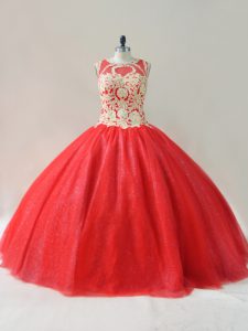 Floor Length Red Quinceanera Gowns Tulle Sleeveless Beading