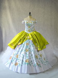 Yellow Green Ball Gowns Organza Off The Shoulder Sleeveless Embroidery and Ruffles Floor Length Lace Up Quinceanera Gown