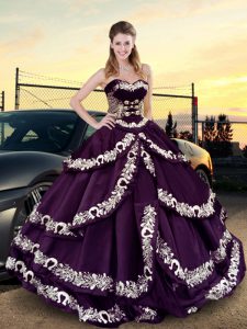 Sleeveless Floor Length Embroidery and Ruffled Layers Lace Up Quinceanera Dresses with Purple
