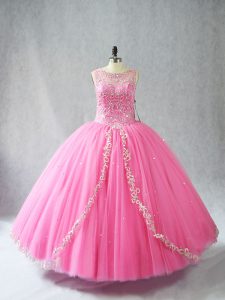 Rose Pink Sleeveless Beading and Appliques Floor Length Quinceanera Gown