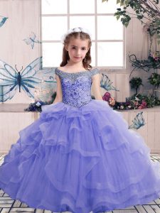 Lavender Sleeveless Floor Length Beading Lace Up Glitz Pageant Dress