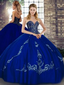 Edgy Sleeveless Floor Length Beading and Embroidery Lace Up Sweet 16 Dresses with Royal Blue