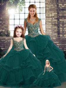 Sophisticated Peacock Green Ball Gowns Beading and Ruffles Quinceanera Dress Lace Up Tulle Sleeveless Floor Length