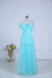 Wonderful Sleeveless Floor Length Ruching Zipper Bridesmaid Dresses with Aqua Blue