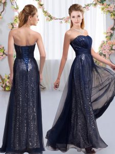 Sleeveless Chiffon and Sequined Floor Length Lace Up Bridesmaid Gown in Navy Blue with Sequins