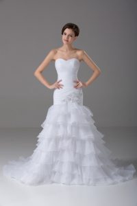 White Sleeveless Beading and Ruffled Layers Lace Up Wedding Gowns