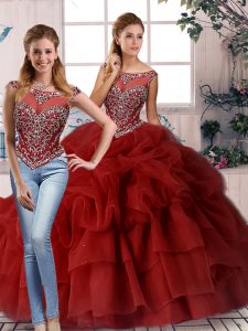 Sumptuous Wine Red Zipper Scoop Beading and Pick Ups 15 Quinceanera Dress Organza Sleeveless Brush Train