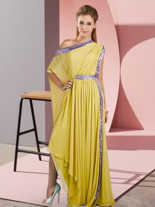 Custom Design Asymmetrical Empire Sleeveless Yellow Prom Gown Side Zipper