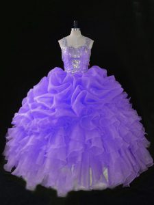 Lavender Organza Zipper Ball Gown Prom Dress Sleeveless Floor Length Beading and Ruffles and Pick Ups