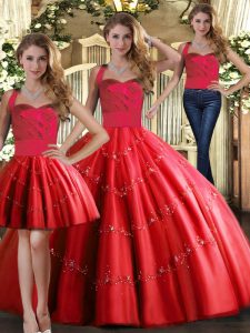 Noble Floor Length Red Sweet 16 Quinceanera Dress Tulle Sleeveless Appliques