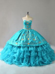 Fabulous Aqua Blue Sweetheart Neckline Embroidery and Ruffles Sweet 16 Dress Sleeveless Lace Up
