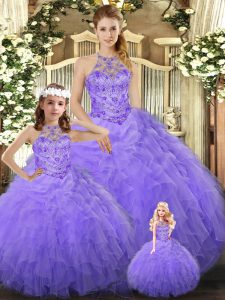 Fashionable Lavender Ball Gowns Beading and Ruffles Quinceanera Gowns Lace Up Tulle Sleeveless Floor Length