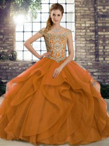 Amazing Orange Sleeveless Brush Train Beading and Ruffles Quinceanera Dress