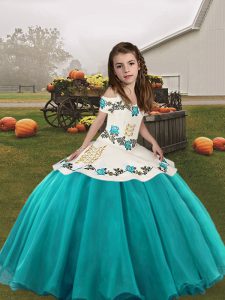 Super Straps Sleeveless Winning Pageant Gowns Floor Length Embroidery Aqua Blue Organza