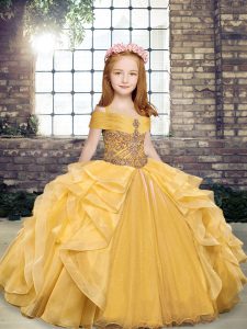 Lovely Off The Shoulder Sleeveless Little Girl Pageant Dress Floor Length Beading and Ruffles Gold Organza