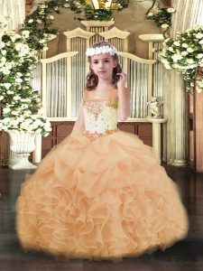 Peach Organza Lace Up Straps Sleeveless Floor Length Little Girl Pageant Dress Beading and Ruffles and Pick Ups