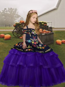 Purple Organza and Tulle Lace Up Custom Made Pageant Dress Sleeveless Floor Length Embroidery and Ruffles