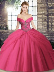 Beading and Pick Ups Vestidos de Quinceanera Hot Pink Lace Up Sleeveless Brush Train