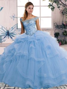 Unique Blue Lace Up Quinceanera Gowns Beading and Ruffles Sleeveless Floor Length