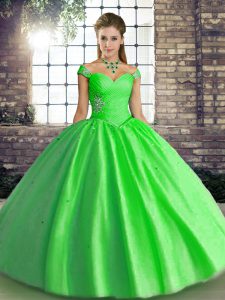 Green Off The Shoulder Neckline Beading Quince Ball Gowns Sleeveless Lace Up