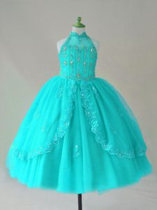 Ball Gowns Little Girl Pageant Gowns Aqua Blue High-neck Tulle Sleeveless Floor Length Lace Up