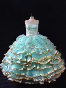 Simple Apple Green Organza Lace Up Sweet 16 Quinceanera Dress Sleeveless Floor Length Ruffled Layers
