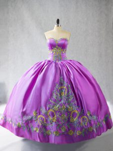 Lilac Satin Lace Up Sweetheart Sleeveless Quince Ball Gowns Embroidery