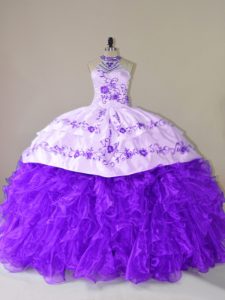 Spectacular Purple Ball Gowns Embroidery and Ruffles Quinceanera Dress Lace Up Organza Sleeveless