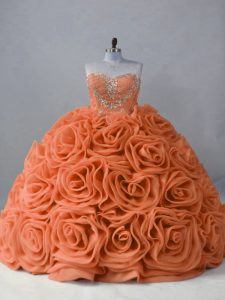 Luxury Orange Lace Up Sweetheart Beading Sweet 16 Dress Fabric With Rolling Flowers Sleeveless Brush Train