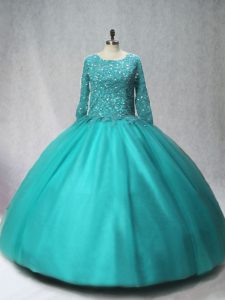 Custom Designed Tulle Scoop Long Sleeves Lace Up Beading 15 Quinceanera Dress in Turquoise