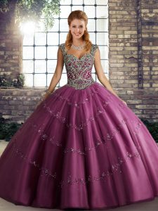 Captivating Fuchsia Ball Gowns Straps Sleeveless Tulle Floor Length Lace Up Beading and Appliques Sweet 16 Dress