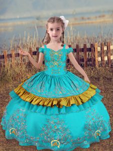 Beautiful Aqua Blue Satin Lace Up Off The Shoulder Sleeveless Floor Length Pageant Dresses Beading and Embroidery