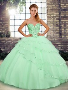 Apple Green Sweetheart Lace Up Beading and Ruffled Layers Sweet 16 Quinceanera Dress Brush Train Sleeveless