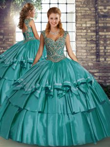 Teal Lace Up Vestidos de Quinceanera Beading and Ruffled Layers Sleeveless Floor Length