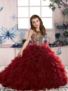 Beading and Ruffles Kids Formal Wear Wine Red Lace Up Sleeveless Floor Length