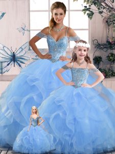 Off The Shoulder Sleeveless 15 Quinceanera Dress Floor Length Beading and Ruffles Blue Tulle