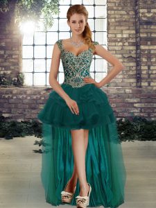 High Class High Low Lace Up Prom Party Dress Dark Green for Prom and Party with Beading and Ruffles