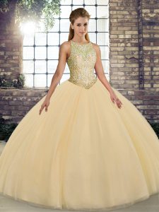Sleeveless Tulle Floor Length Lace Up Quince Ball Gowns in Gold with Embroidery