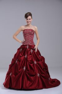 Gorgeous Wine Red Quinceanera Dress Strapless Sleeveless Brush Train Lace Up