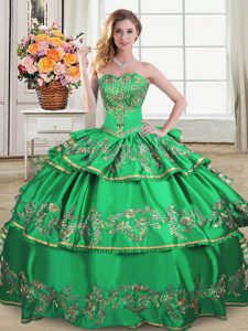Designer Green Ball Gowns Sweetheart Sleeveless Organza Floor Length Lace Up Embroidery and Ruffled Layers Sweet 16 Quin
