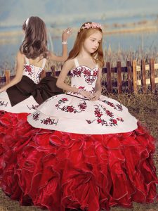 Excellent Sleeveless Organza Floor Length Lace Up Kids Formal Wear in Red with Embroidery and Ruffles