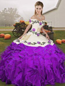 Decent White And Purple Lace Up Sweet 16 Dresses Embroidery and Ruffles Sleeveless Floor Length