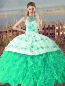 Custom Made Turquoise Organza Lace Up Halter Top Sleeveless Quinceanera Dress Court Train Embroidery and Ruffles